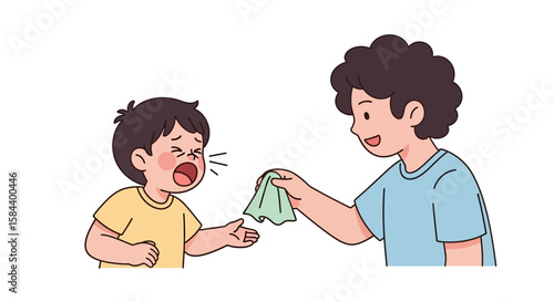 Cartoon illustration of a young boy crying and sneezing while an older boy offers him a tissue lighthearted style.