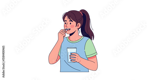 Cartoon Girl Taking a Pill with Water Smiling in Profile View.
