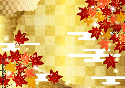 枝付き文様紅葉の紙継和背景、イラスト、横、金色