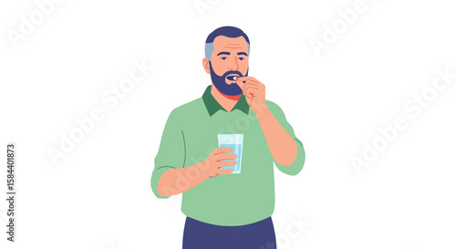Man Taking Pill with Water Illustrating Healthcare and Wellness Concept.