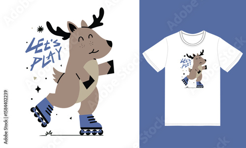 Cute deer playing roller skates illustration with tshirt design premium vector