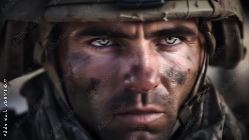A soldier stares intensely face smeared with dirt and wearing a helmet A soldier stares intensely face smeared with dirt and wearing a helmet