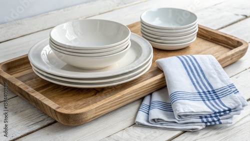 Stacked White Bowls and Plates on Wooden Tray, Table Setting, Rustic Kitchen Decor, Farmhouse Style, Napkin Tableware, Farmhouse