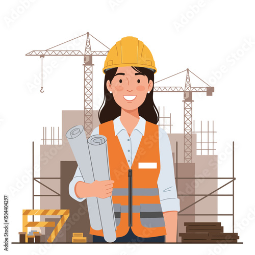 A smiling female construction worker in a yellow hard hat and orange safety vest holds blueprints, with construction cranes and a building site in the background.