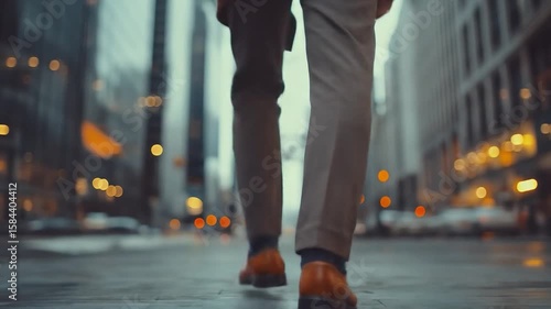 Back view of a person in dress pants and shoes walking down a wet city street