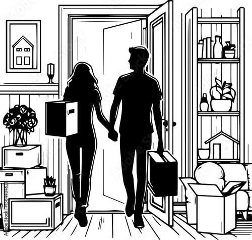 Couple first apartment. Young couple holding hands while moving boxes into their home  