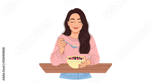 Woman in Pink Sweater Enjoying a Healthy Breakfast Bowl with Berries.