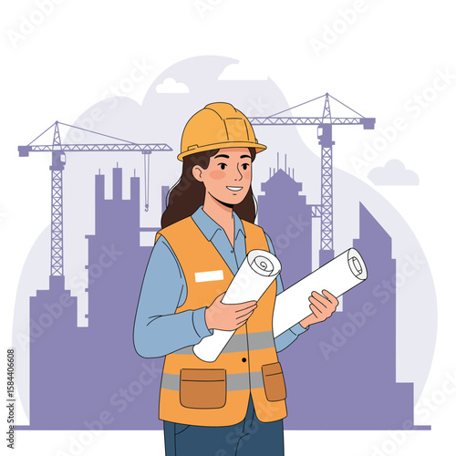 A female architect in a safety vest and hardhat holds blueprints, smiling confidently against a backdrop of construction cranes and a cityscape, suggesting successful urban development and