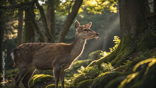 Sunlit Fawn in Mossy Forest...