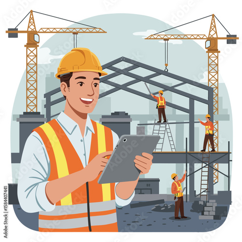 A smiling construction manager uses a tablet at a construction site, overseeing workers and the steel frame of a building with cranes in the background.