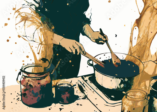 Artistic Representation of Cooking Process with Two Jars and Wooden Spoon on Table for Culinary Blogs, Recipe Websites, Cooking Education, and Kitchen Art Content  