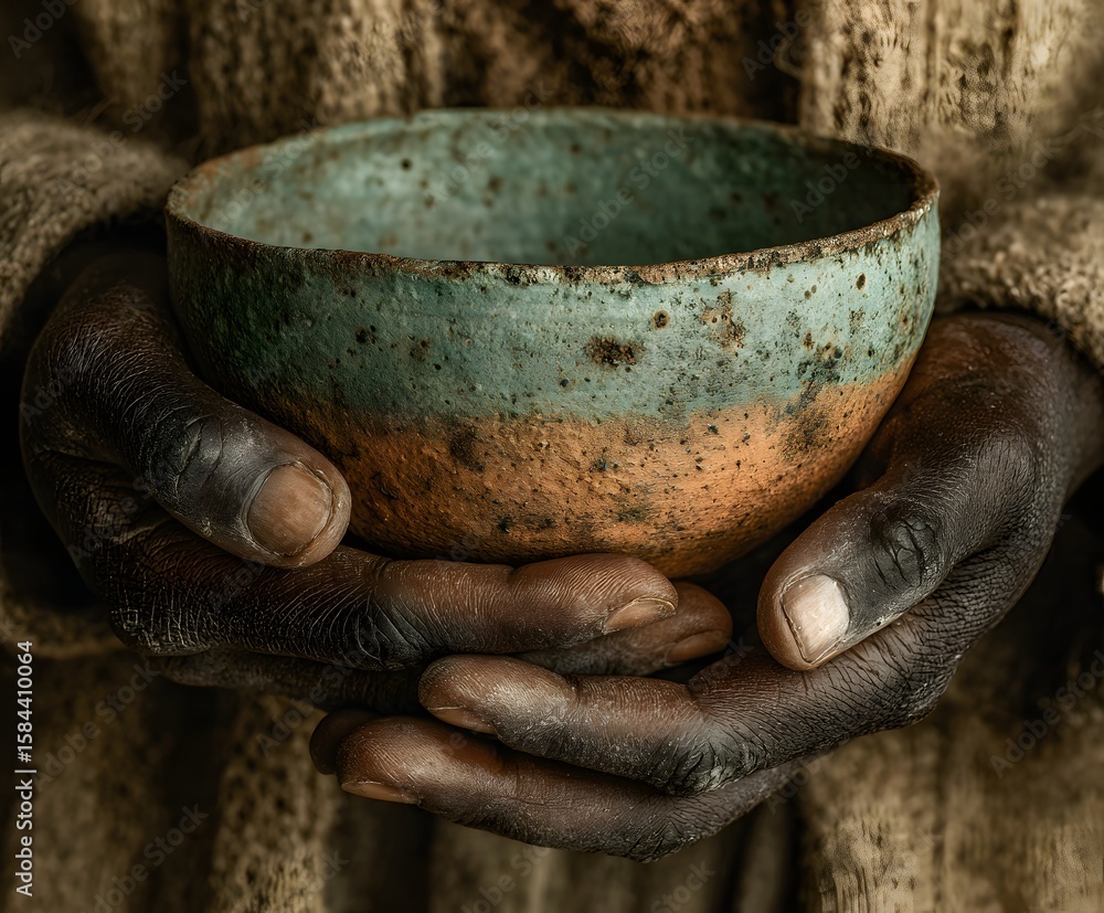 Fototapeta premium Weathered hands cradling a rustic earthenware bowl