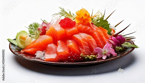 sashimi slice on plate with ice at wood table tray