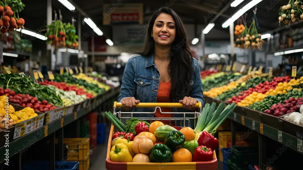 Happy woman with shopping cart full of fresh produce at grocery store aisle Happy woman with shopping cart full of fresh produce at grocery store aisle