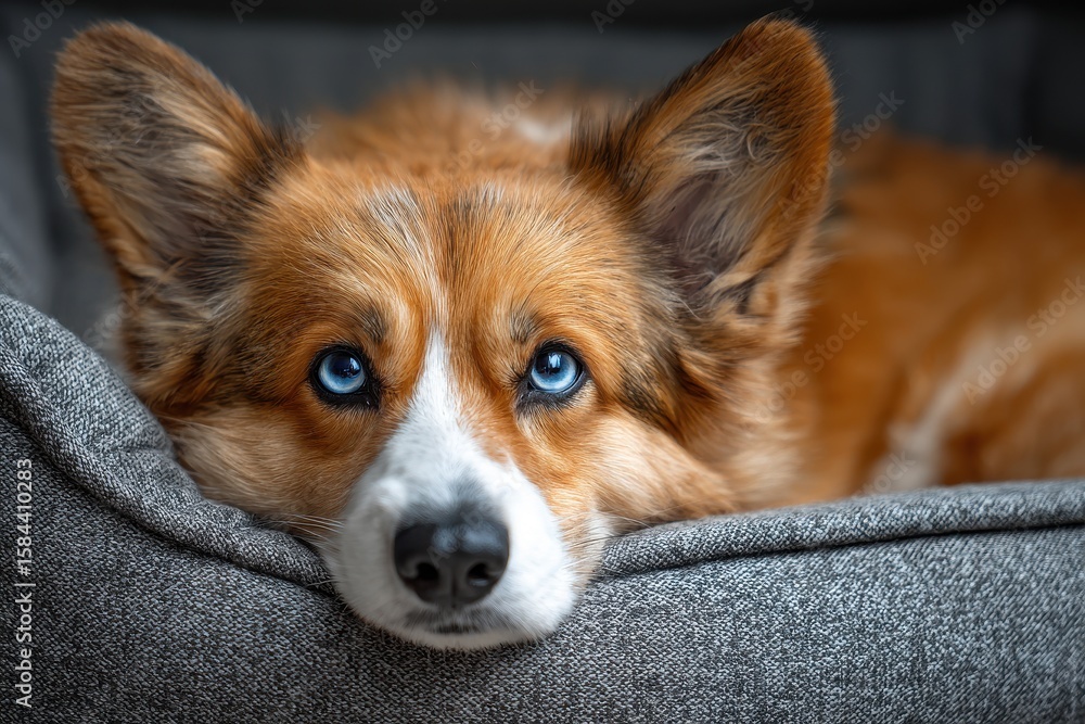 Obraz premium Sad corgi with blue eyes in bed looking outside Top area of the photo is blank