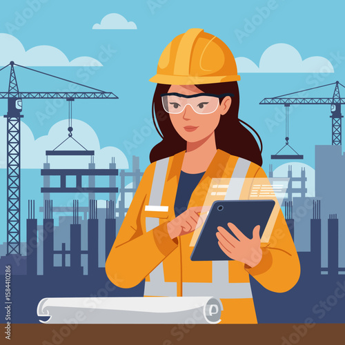 A professional female engineer in a hard hat and safety gear uses a digital tablet while reviewing blueprints at a busy construction site.