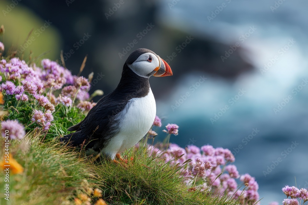 Obraz premium Adorable puffin perched on the grassy cliff of Mykines in the Atlantic