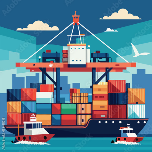 Shipping and logistics abstract illustration of container ship at port with tugboats