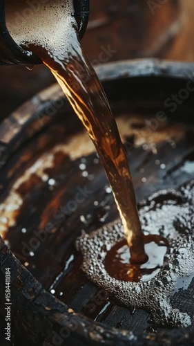 Brewing process with dark brown liquid flowing from a container into mash pot. Equipment and ingredients for making ale.