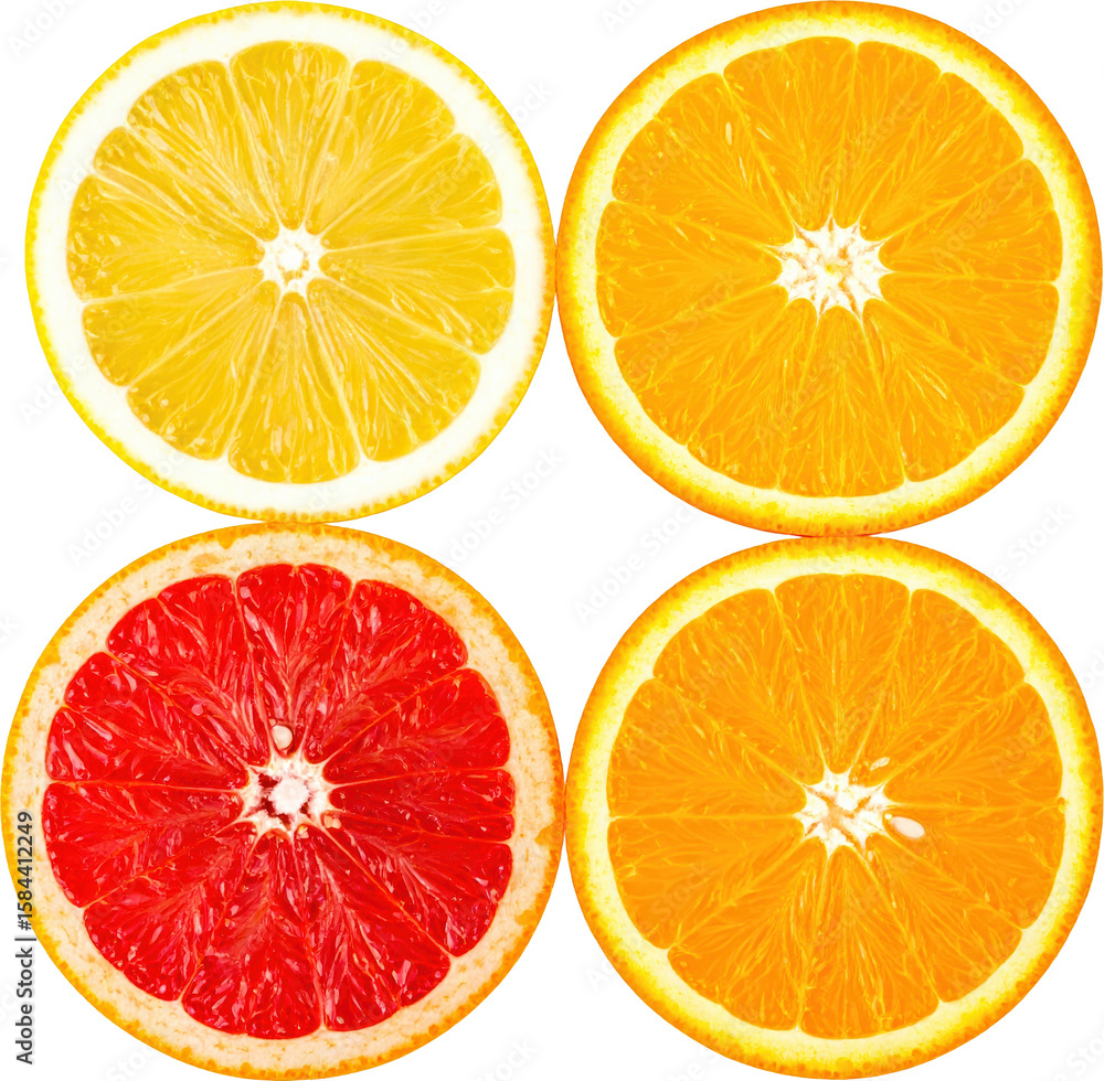 Fototapeta premium Four Citrus Fruit Halves Lemon Orange Grapefruit