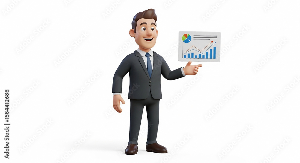 Fototapeta premium 3D Cartoon businessman pointing at financial chart with rising bars and pie chart graph