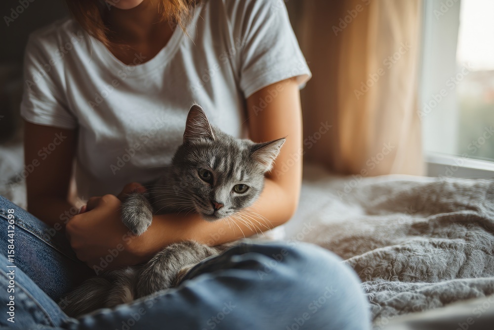 © LimeSky - Adorable amusing cat interacts with a young woman in bed dressed in a tee and jeans by a large window Warm inviting ambiance © LimeSky - Adorable amusing cat interacts with a young woman in bed dressed in a tee and jeans by a large window Warm inviting ambiance