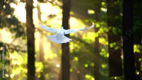 A serene white dove in nature, captured mid-flight with wings spread, symbolizing peace and freedom amidst green trees
