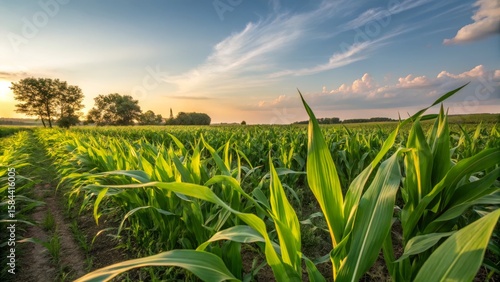 Sunset Cornfield Lush Green...