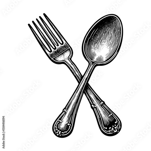 Fork and spoon engraving black and white outline. Scratch board imitation.  illustrated in vintage line art style on a white background.