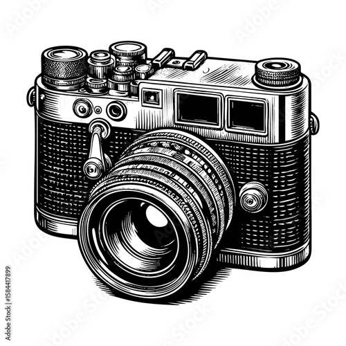 Retro camera sketch engraving black and white outline. Scratch board imitation.