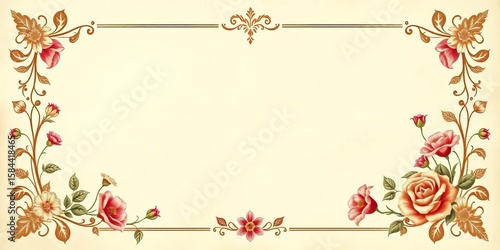 Creamy off-white aged paper, ornate floral border,  blank,  ornate
