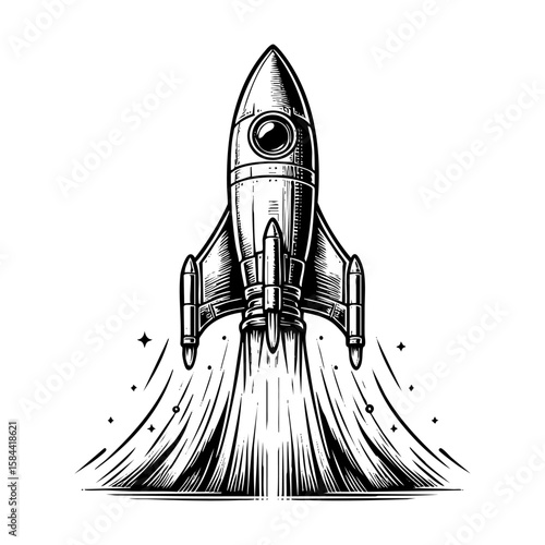 Rocket sketch engraving black and white outline. Scratch board imitation.  illustrated in vintage line art style on a white background.