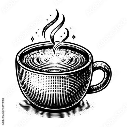 hot coffee cup engraving black and white outline. Scratch board imitation.  illustrated in vintage line art style on a white background.