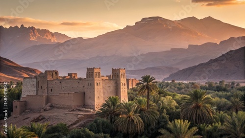 Sunset over Kasbah Ait Benhaddou, Morocco Landscape Photography, Ancient Fortress, Mountain Range, Palm Oasis, Golden Hour. ,Morocco