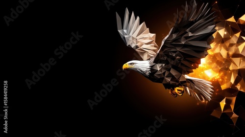 A polygonal low poly eagle soars through the darkness, its edges highlighted by brilliant light in this striking 1-giixel v2-3000h image art.