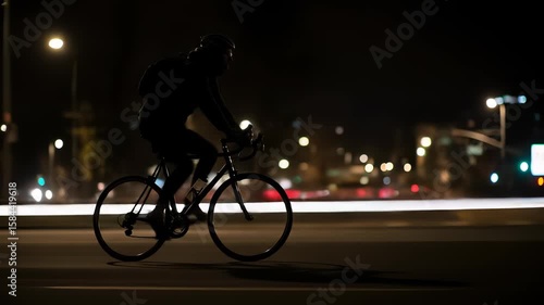 Silhouette of a cyclist riding through an urban landscape at night with blurred lights