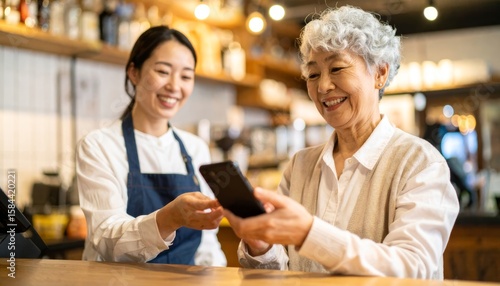 スマホ決済を使いこなす高齢女性のスマートな買い物