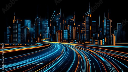 Fototapeta Naklejka Na Ścianę i Meble -  Futuristic cityscape at night with glowing city lights and motion blurred roads.