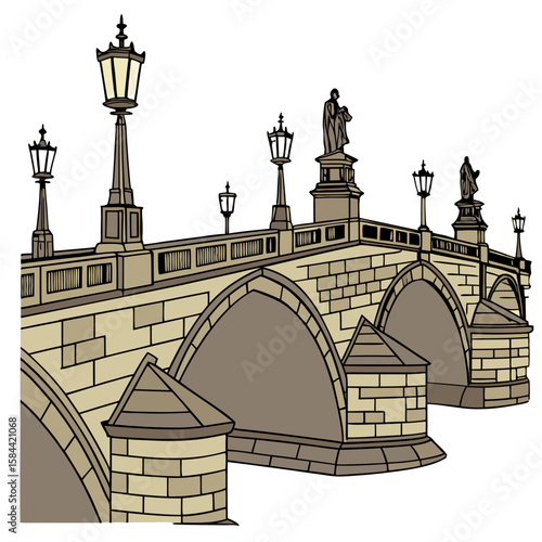 Cute Charles Bridge Illustration with Lamps and Statues, No Background. Perfect for: Prague Spring Festival, Czech National Day, European tourism