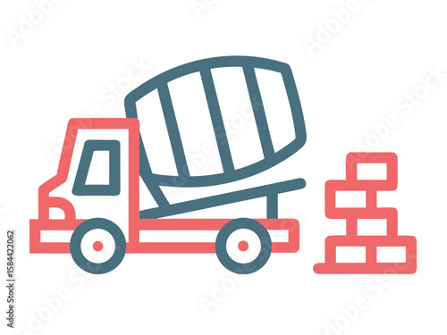Illustration of a Concrete Mixer Truck with Bricks Construction