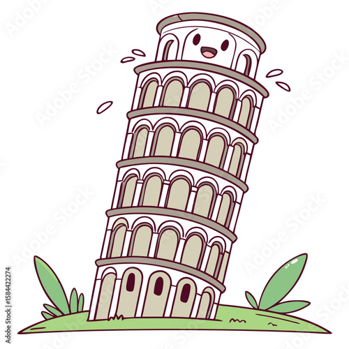 Cute Leaning Tower of Pisa with Green Grass, No Background. Perfect for: Pisa Carnival, Italy travel season, historical events