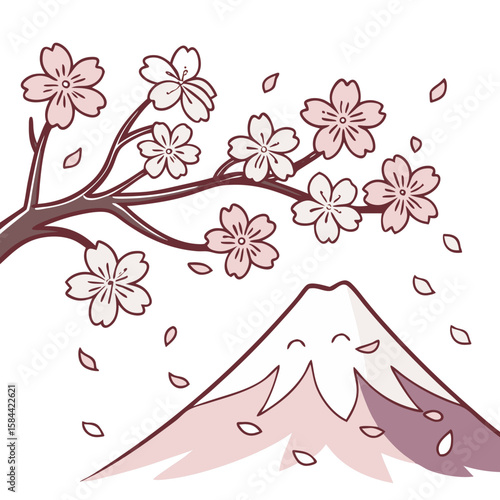 Cute Mount Fuji with Falling Cherry Blossoms, No Background. Perfect for: Sakura Festival, Japan National Day, Mount Fuji viewing season