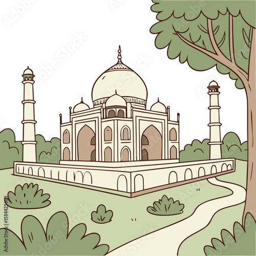 Cute Taj Mahal with Dome and Garden, No Background. Perfect for: Diwali, India Republic Day, Indian Heritage Week