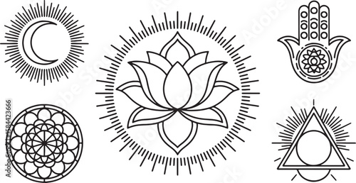 Celestial moon lotus hand triangle circle geometric patterns crescent sunburst