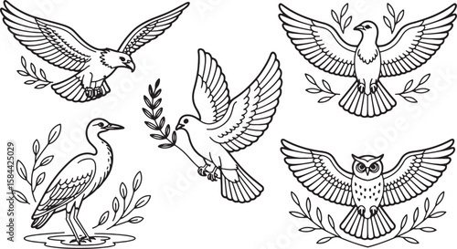 Birds and Leaves Line Drawings for Illustration and Design