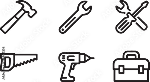 Hammer wrench saw drill toolbox and screwdriver icons vector