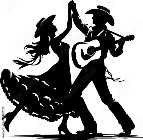 Couple dancing in silhouette with guitar in traditional attire,country dance couple   