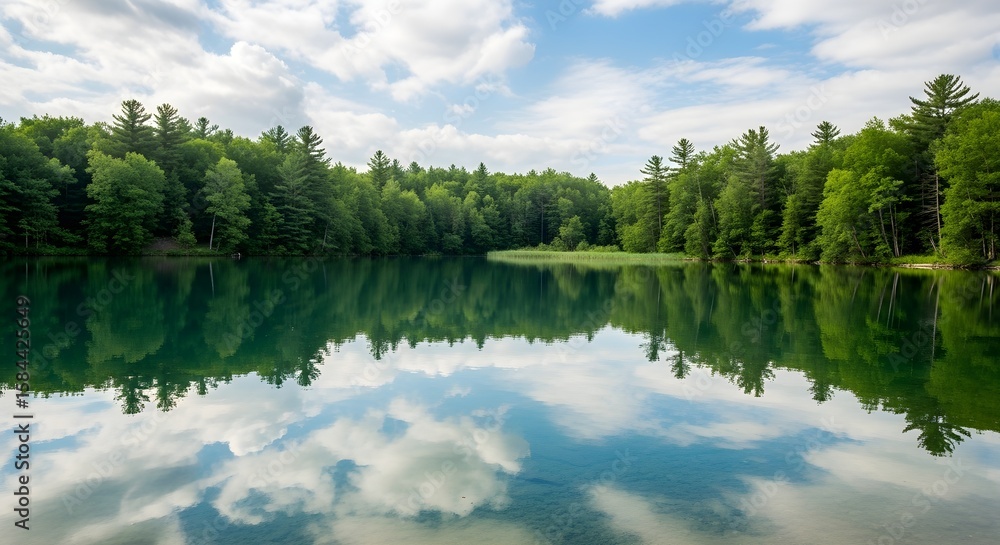 Fototapeta premium Serene Lake Reflecting Clouds and Lush Forest
