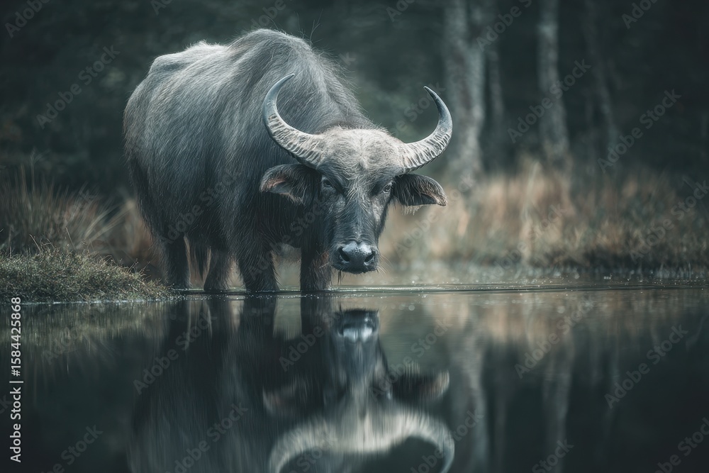 Naklejka premium Bull of the Asian wild water buffalo and its reflection
