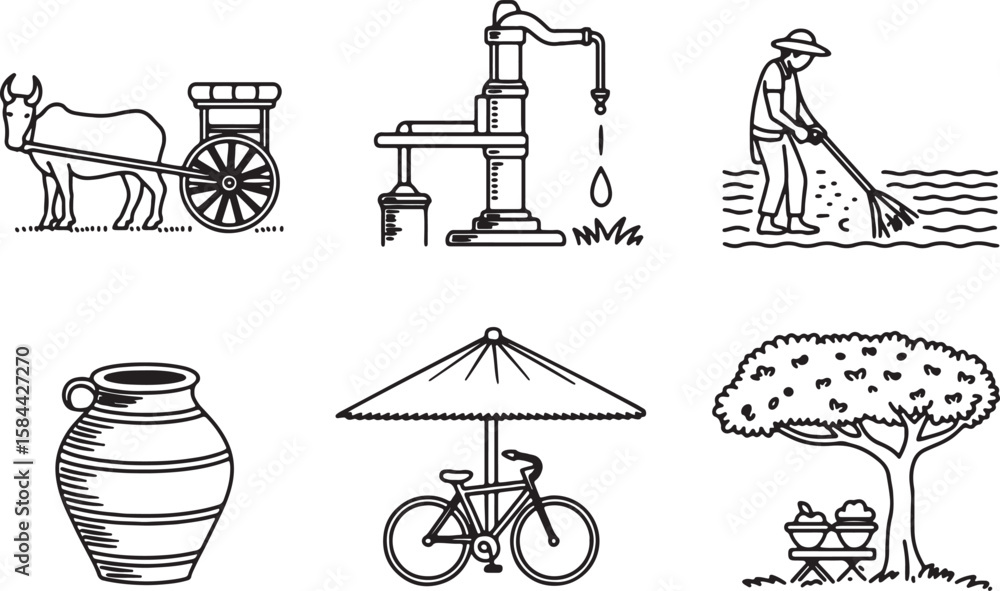 Naklejka premium Vintage Farm Tools and Transportation Illustrations